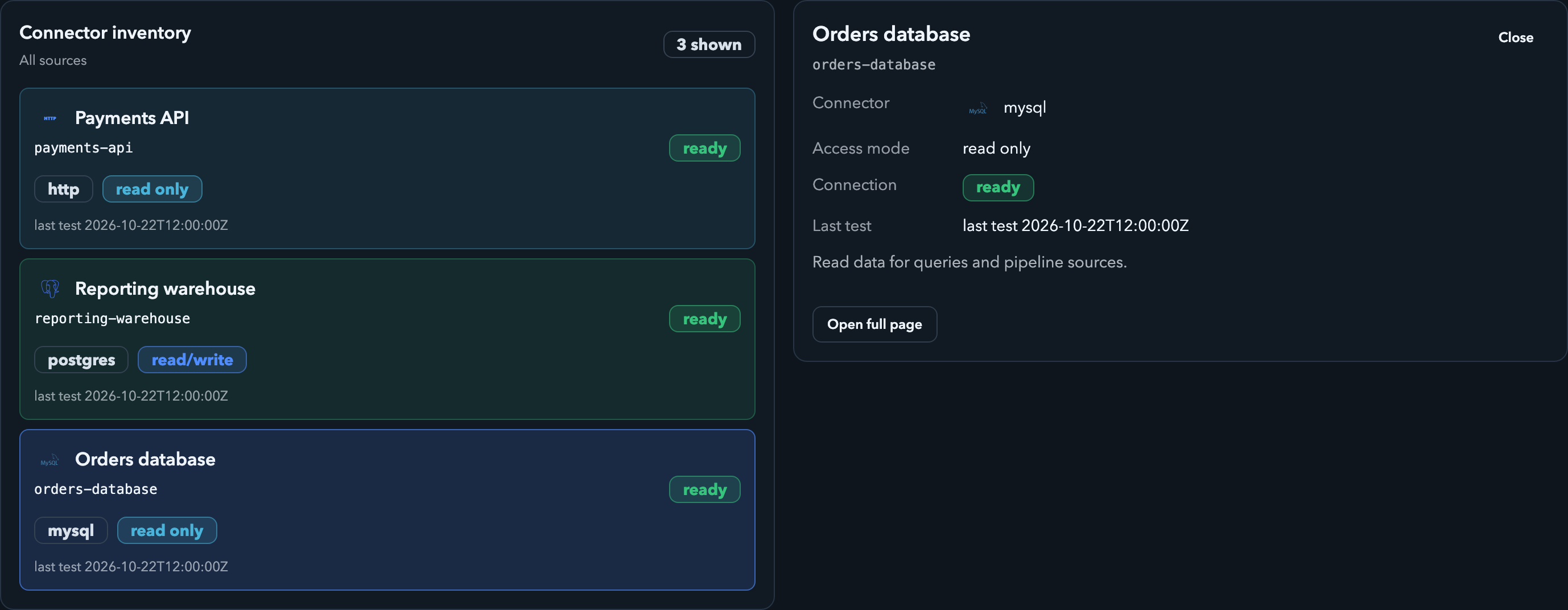 Braidplane data source inventory with a read-only MySQL source selected